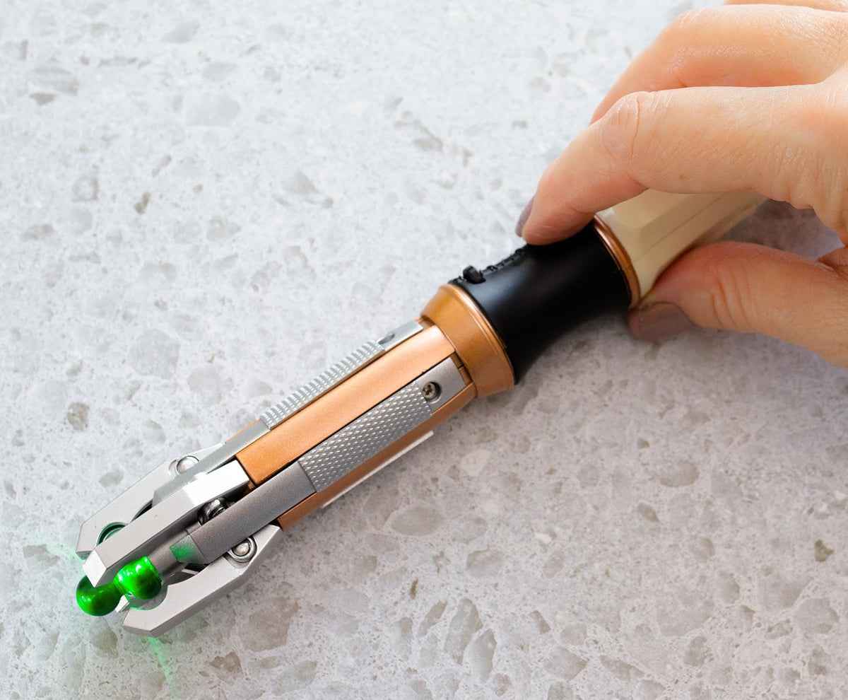Toynk Doctor Who 11th Doctor sonic screwdriver prop convention-ready display.