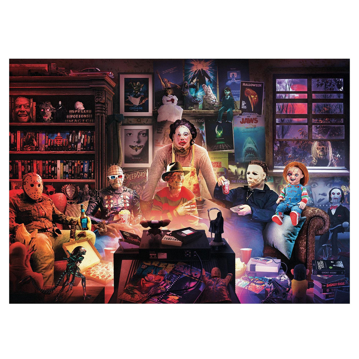 Toynk Horror Night Watch Party puzzle collection art showcases eerie nostalgia for horror fans.