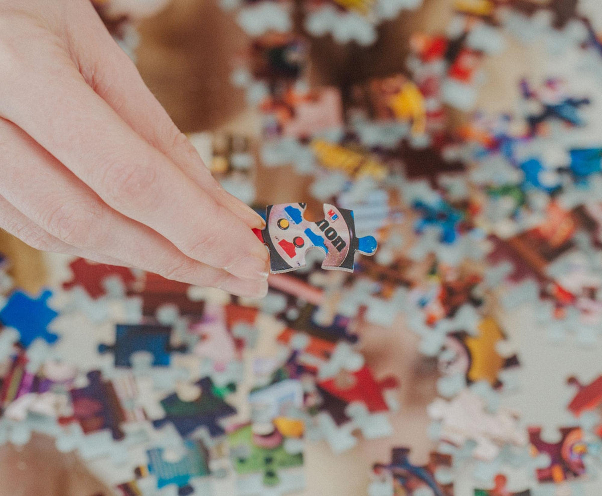 Iconic 80s/90s memorabilia puzzle pieces designed for quick assembly and display