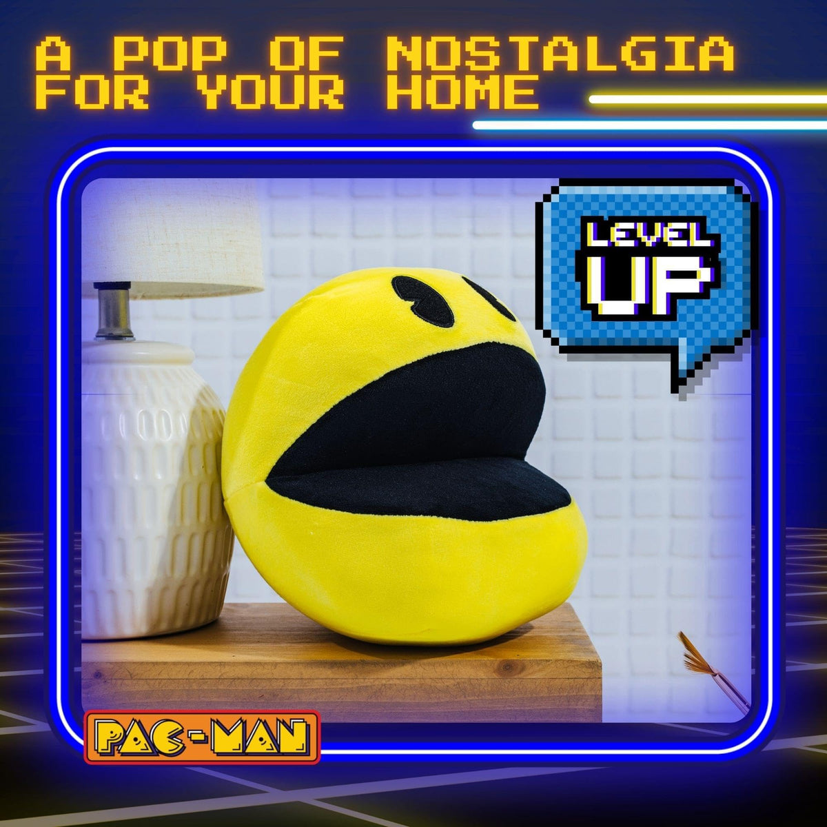 Toynk Pac-Man 7-Inch Plush on a shelf as a collectible display piece.