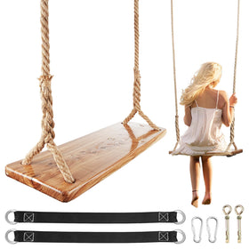 Toyoget wooden tree swing seat with natural elm grain for outdoors.