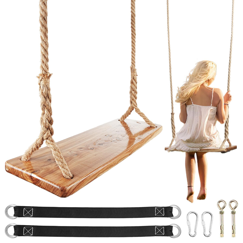 Toyoget wooden tree swing seat with natural elm grain for outdoors.