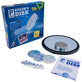 Toysmith Euler’s Disk chrome disk on a mirrored base creating a hypnotic light display.