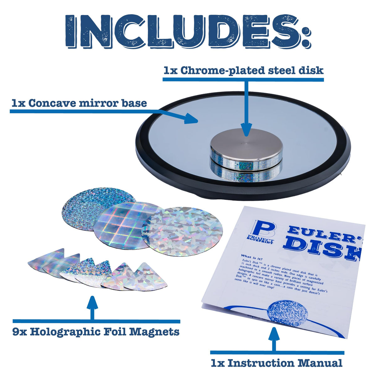 Toysmith Euler’s Disk interchangeable foils for customizable visuals.