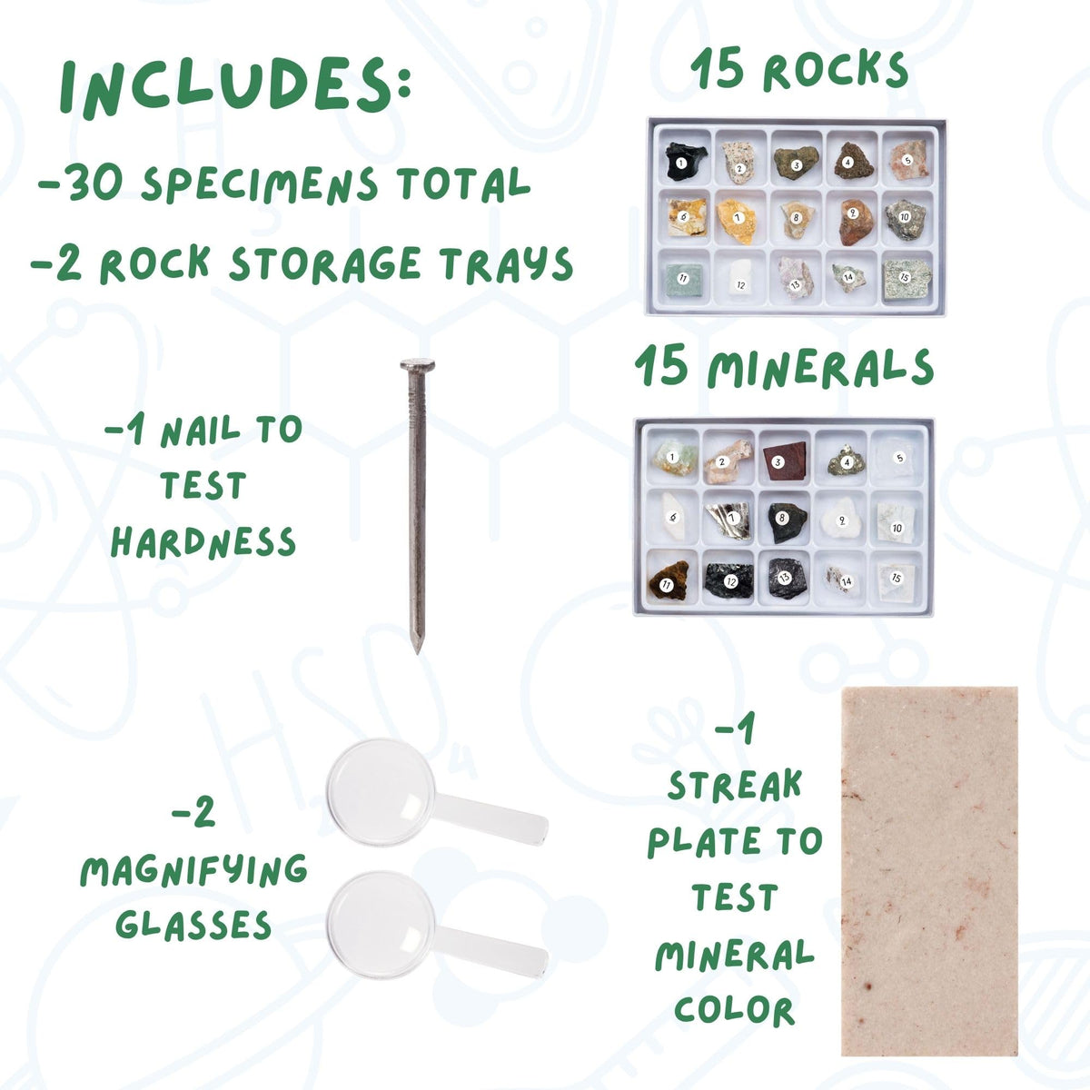 Toysmith hardness testing tools used to compare rocks accurately.
