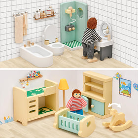Toyssa baby room with crib rocker and bunk bed for nurturing play