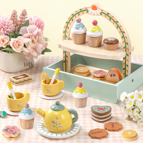 Toyssa wooden tea set cake stand for organized storage and charming display