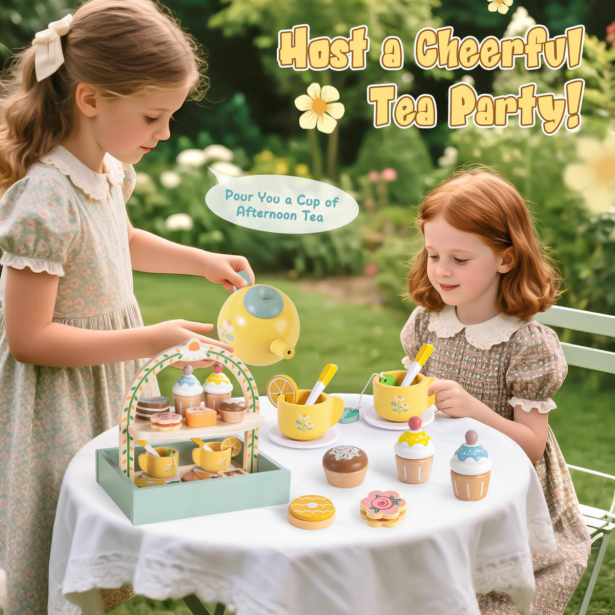 Toyssa wooden tea set storage floor keeps all pieces neatly accessible after play