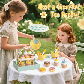 Toyssa wooden tea set storage floor keeps all pieces neatly accessible after play