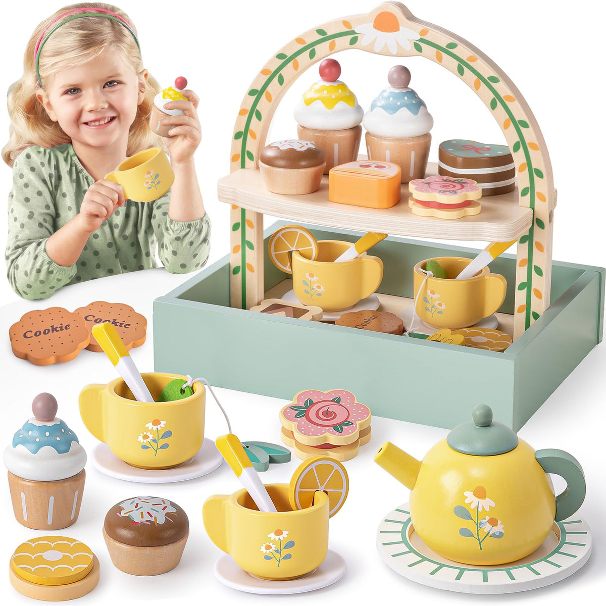 Toyssa wooden tea set teapot for imaginative play and fine motor development