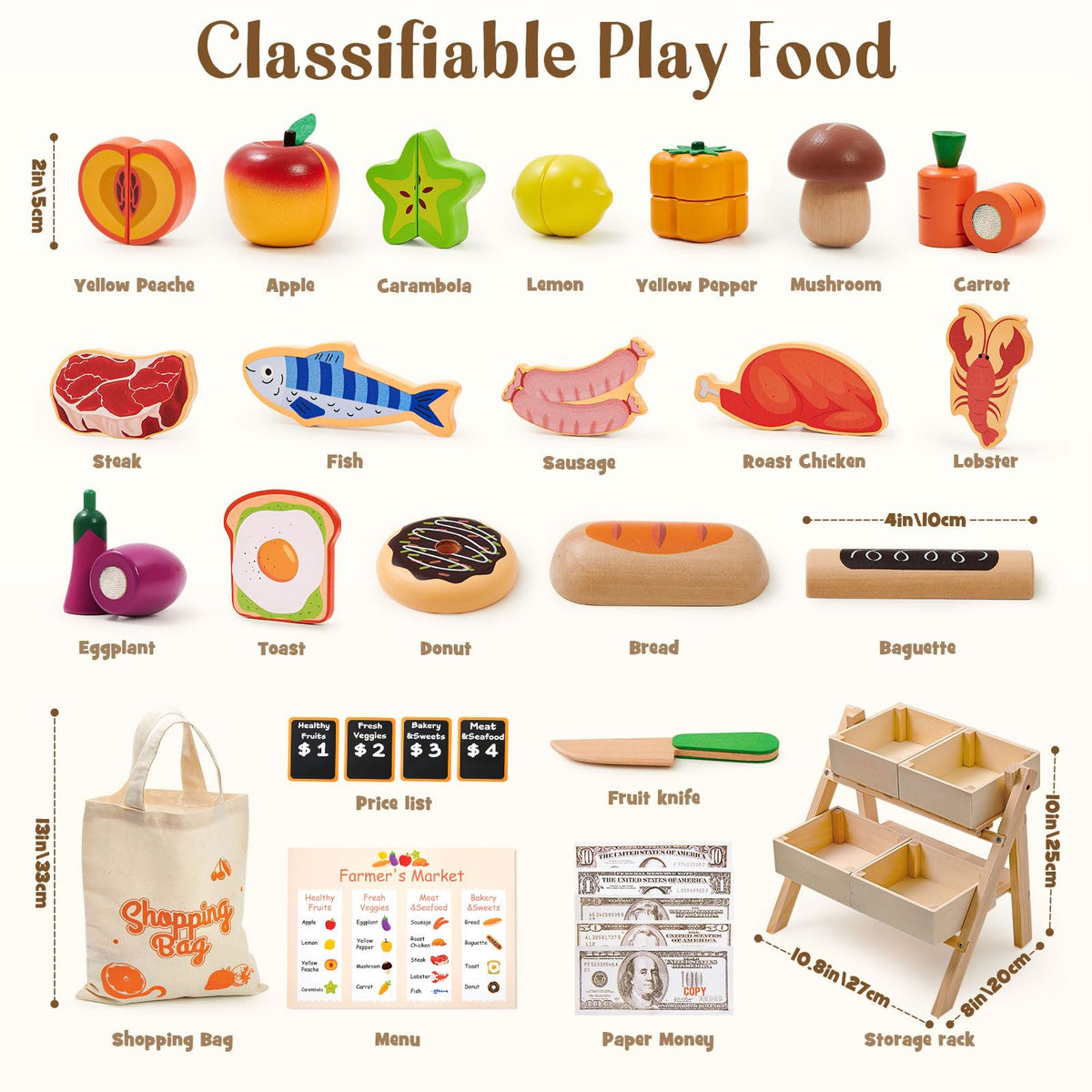 Toyssa wooden play foods with magnetic cutting action for safe, reusable pretend cooking