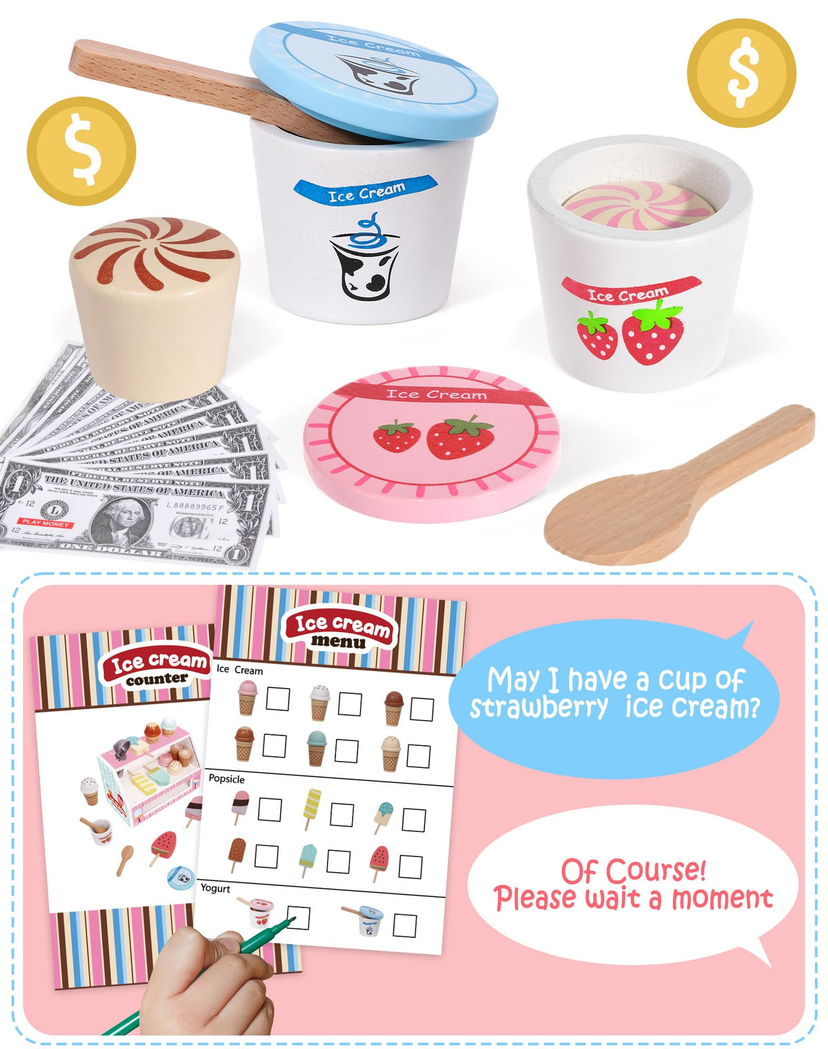 Toyssa wooden ice cream bars encourage color recognition and creative flavor play.
