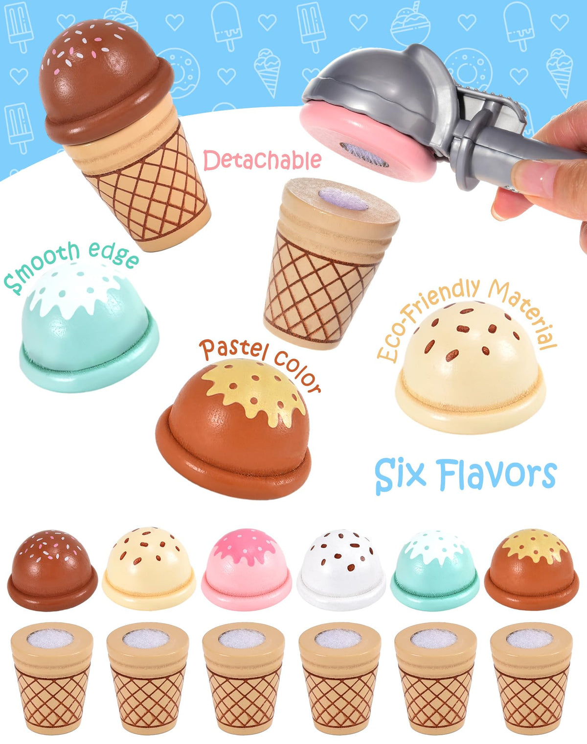 Toyssa wooden scoops facilitate precise hand control while serving customers.