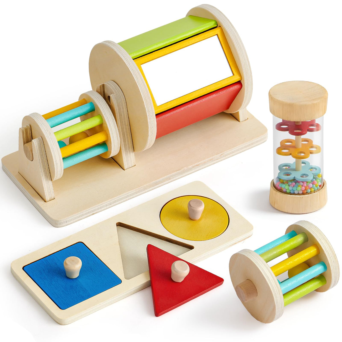 Toyssa wooden Montessori rainbow drum with mirror enhances visual tracking and auditory curiosity.