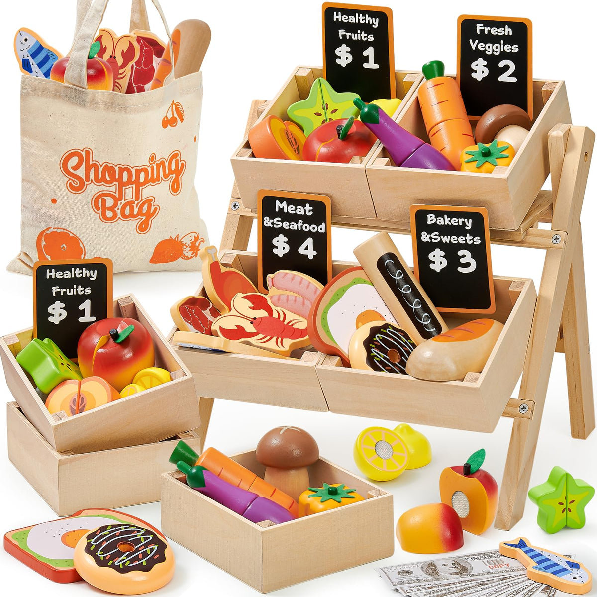 Toyssa wooden play food on shelf display for realistic grocery role play