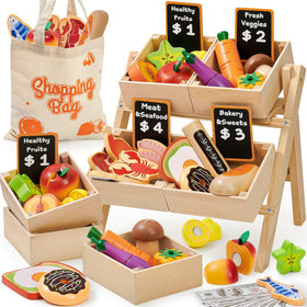 Toyssa wooden play food on shelf display for realistic grocery role play