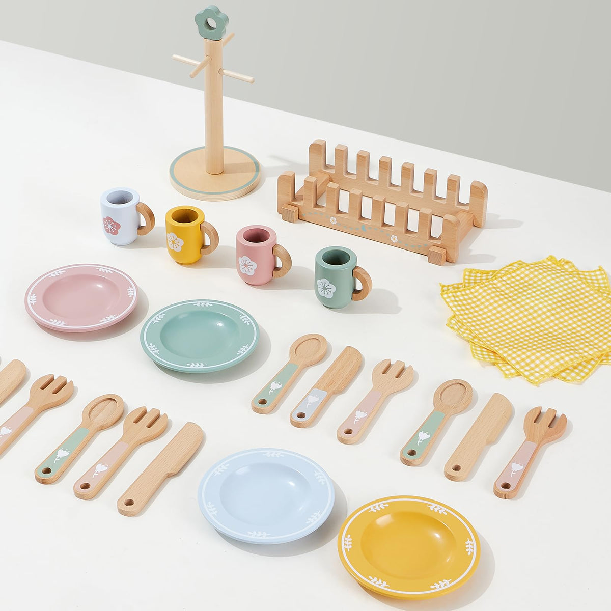 Toyssa wooden storage racks and placemats organize pretend meals neatly