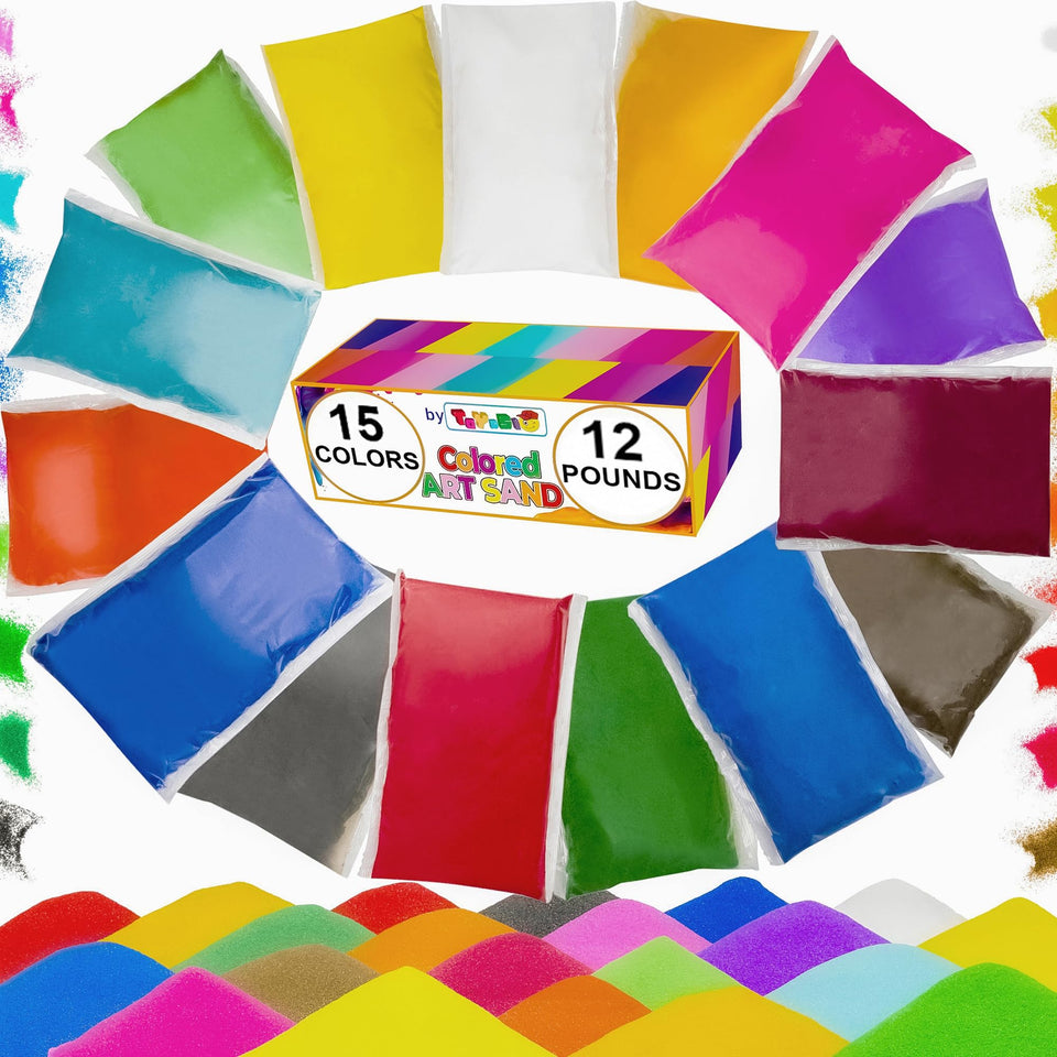 Toyssio colored sand collection in bright bags for creative sand art projects.