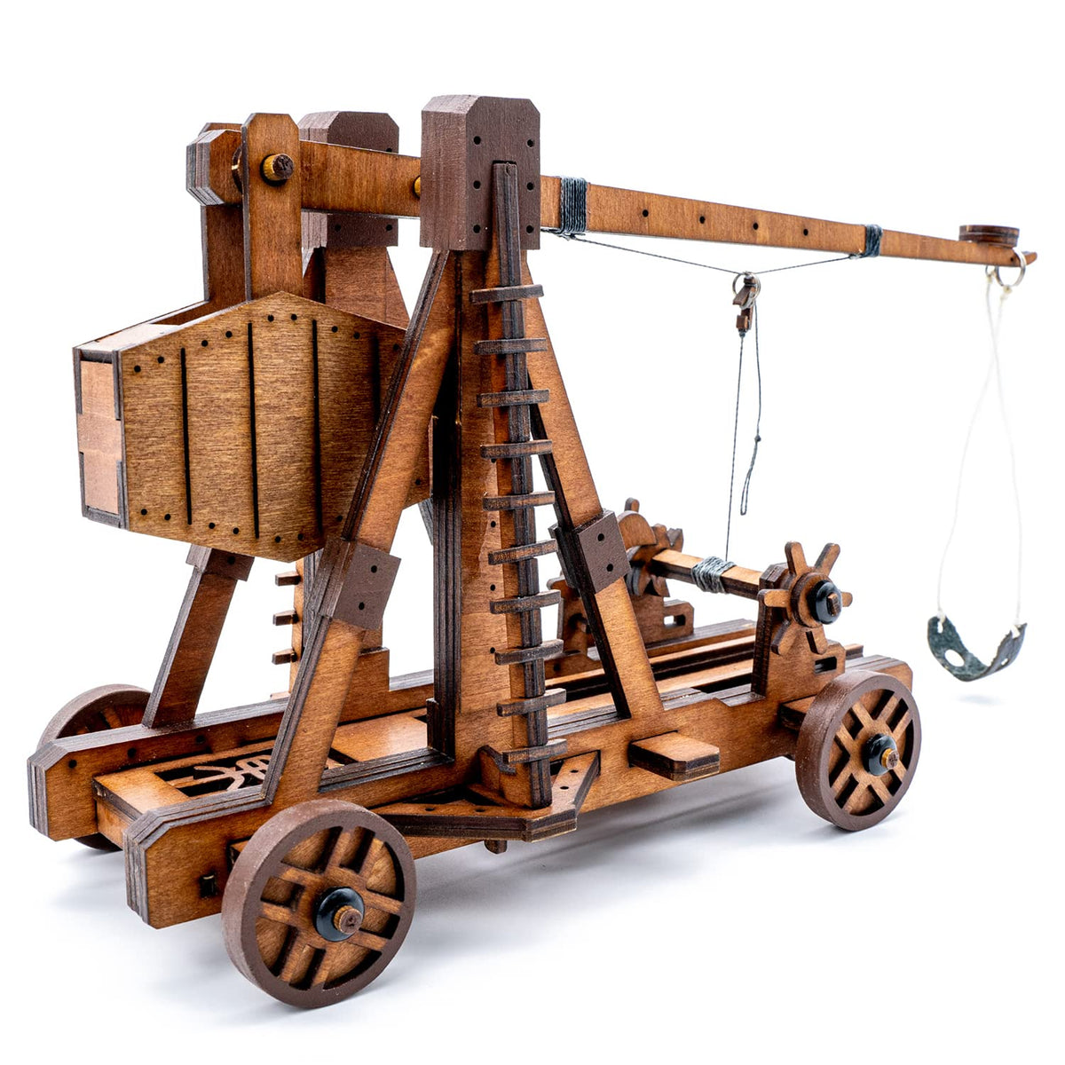 Toystub trebuchet assembly parts; precise laser-cut pieces for a smooth, engaging build.
