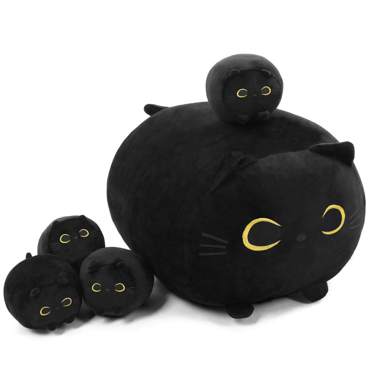 TOYSYM black cat mommy plush with four cubs visible, cozy and inviting for imaginative play