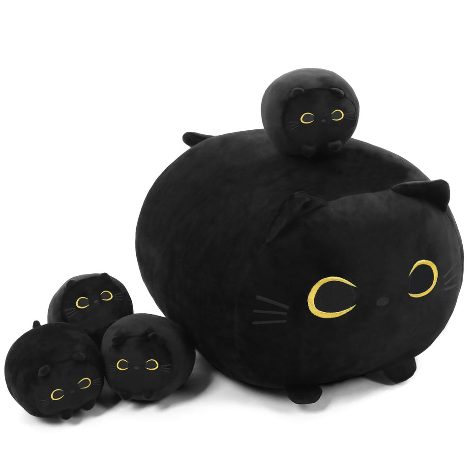 TOYSYM black cat mommy plush with four cubs visible, cozy and inviting for imaginative play