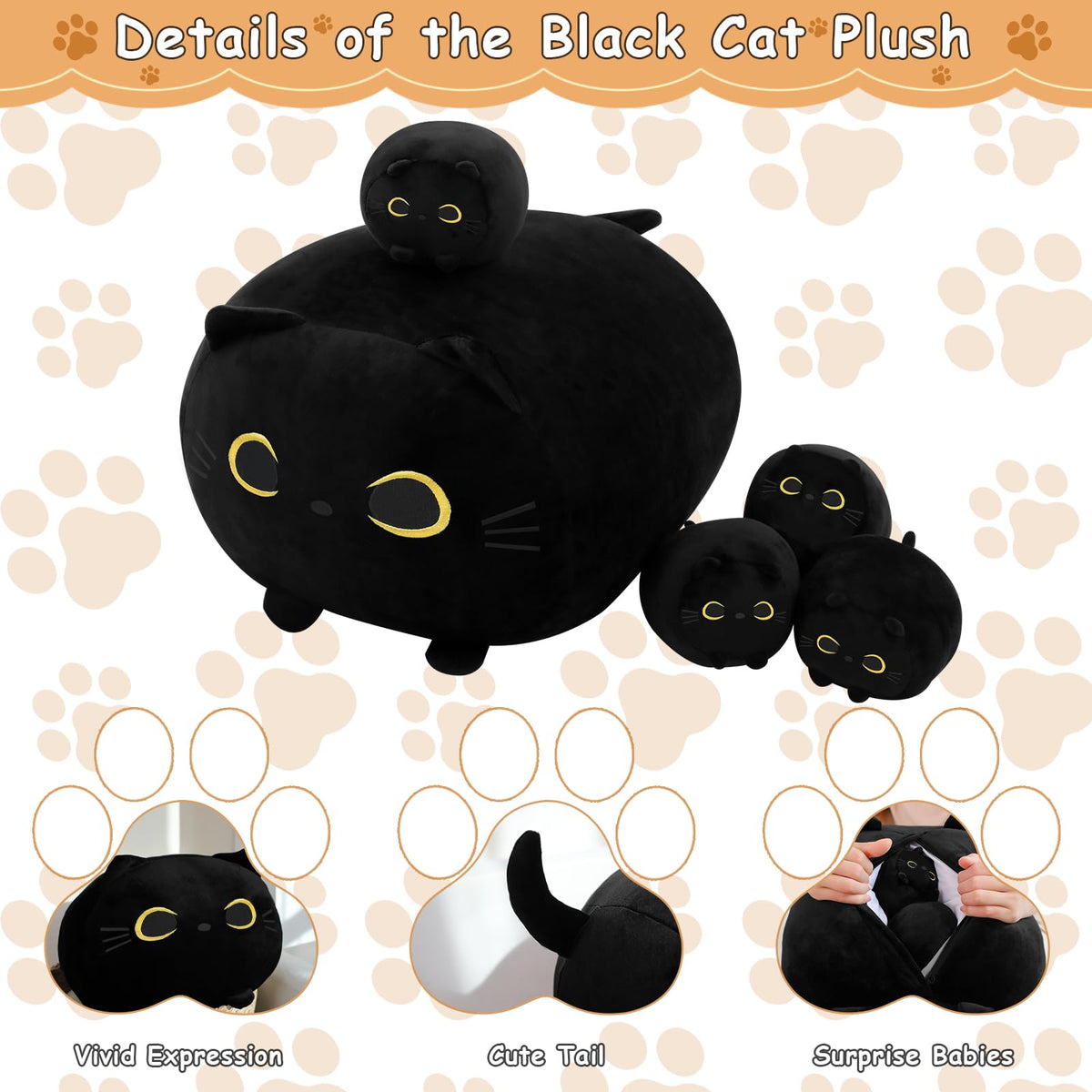 Close-up of TOYSYM black cat plush fur, highlighting soft texture and stitching for comfort