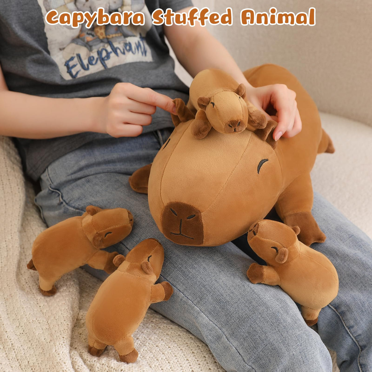 TOYSYM Capybara plush featured as a warm decorative piece in a living room.