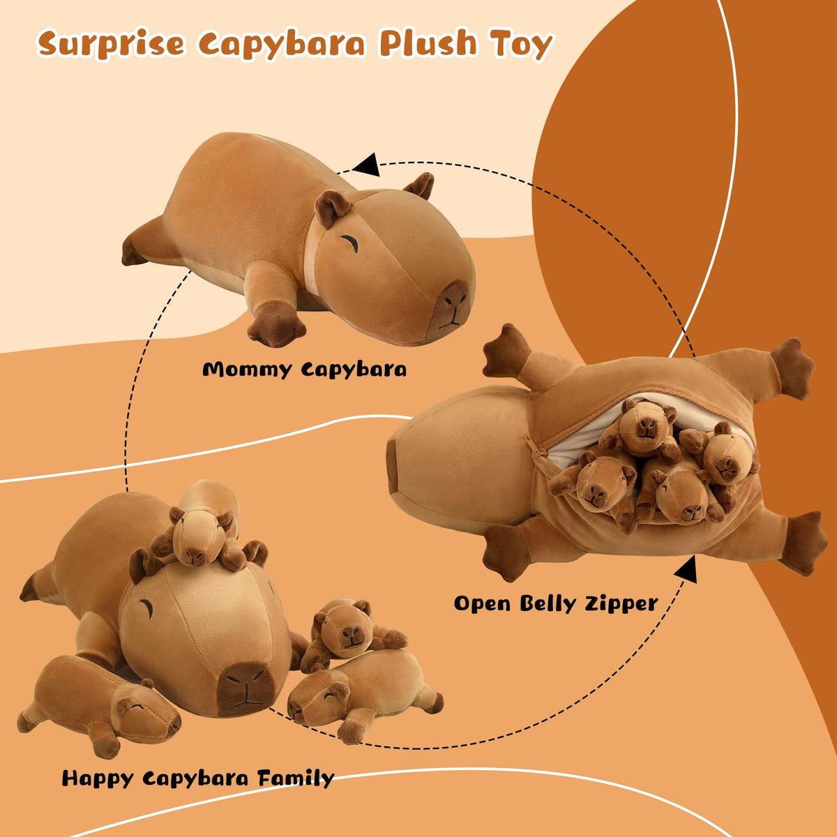 TOYSYM Capybara plush with four removable babies enabling imaginative playtime.