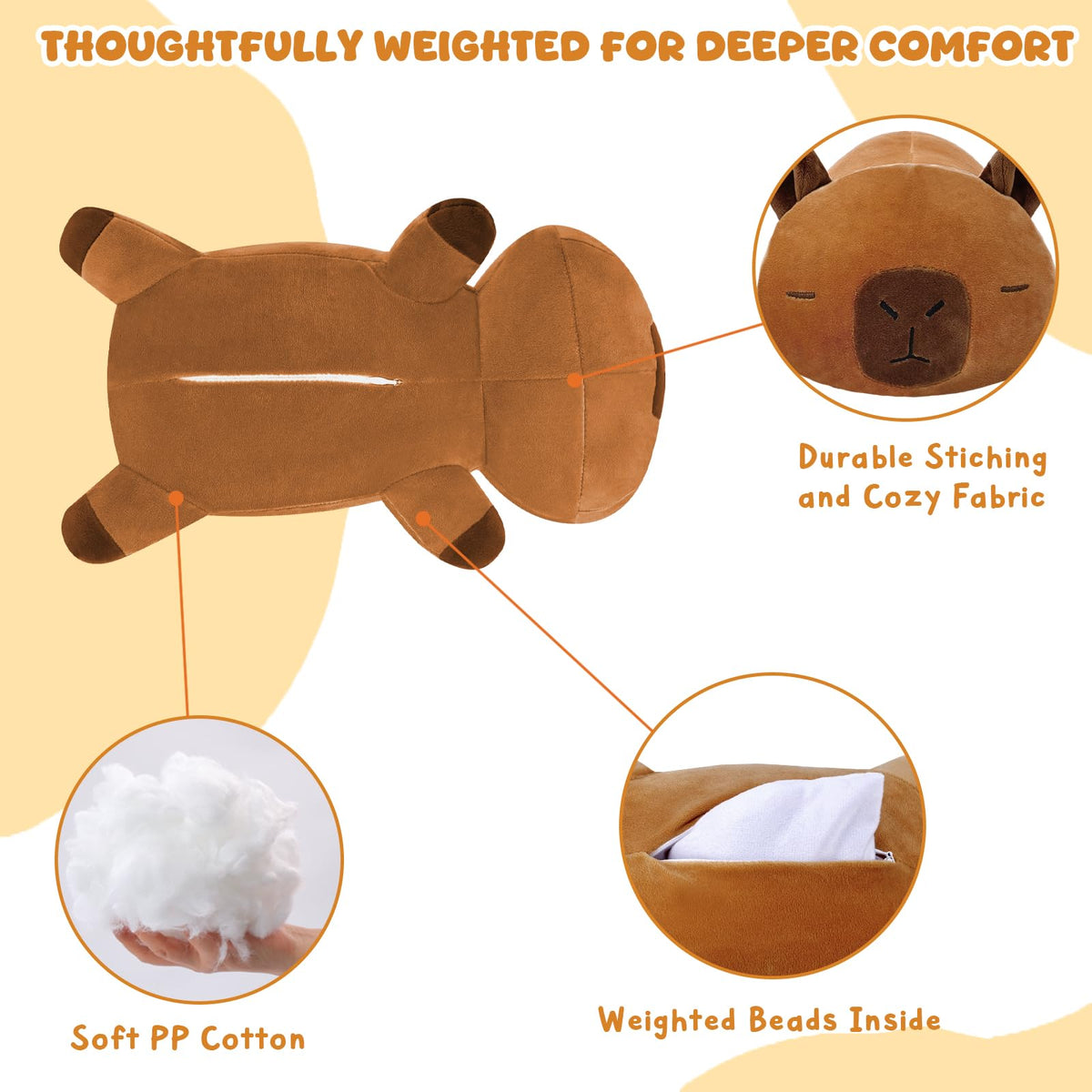 TOYSYM weighted capybara pillow, ideal for squeezing during stress.