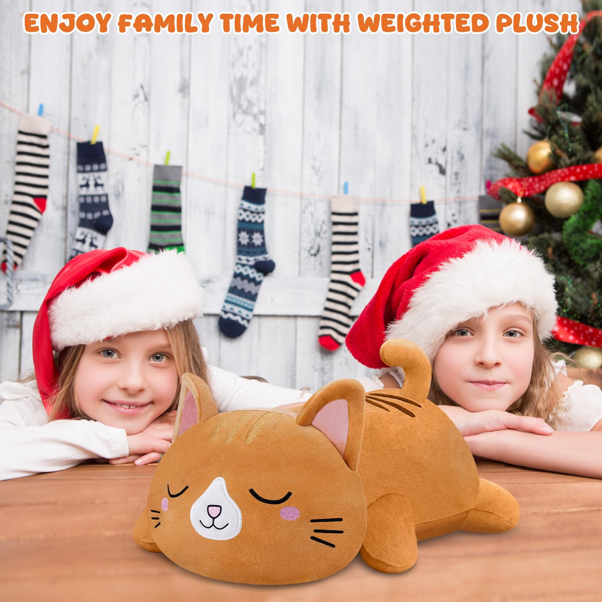 TOYSYM cat pillow used as bedroom decor and support.