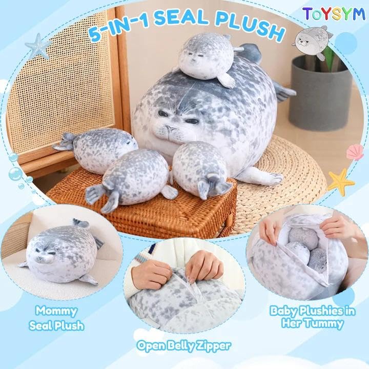 TOYSYM Chubby Seal Pillow belly with four baby seals removable for interactive play