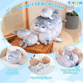TOYSYM Chubby Seal Pillow belly with four baby seals removable for interactive play
