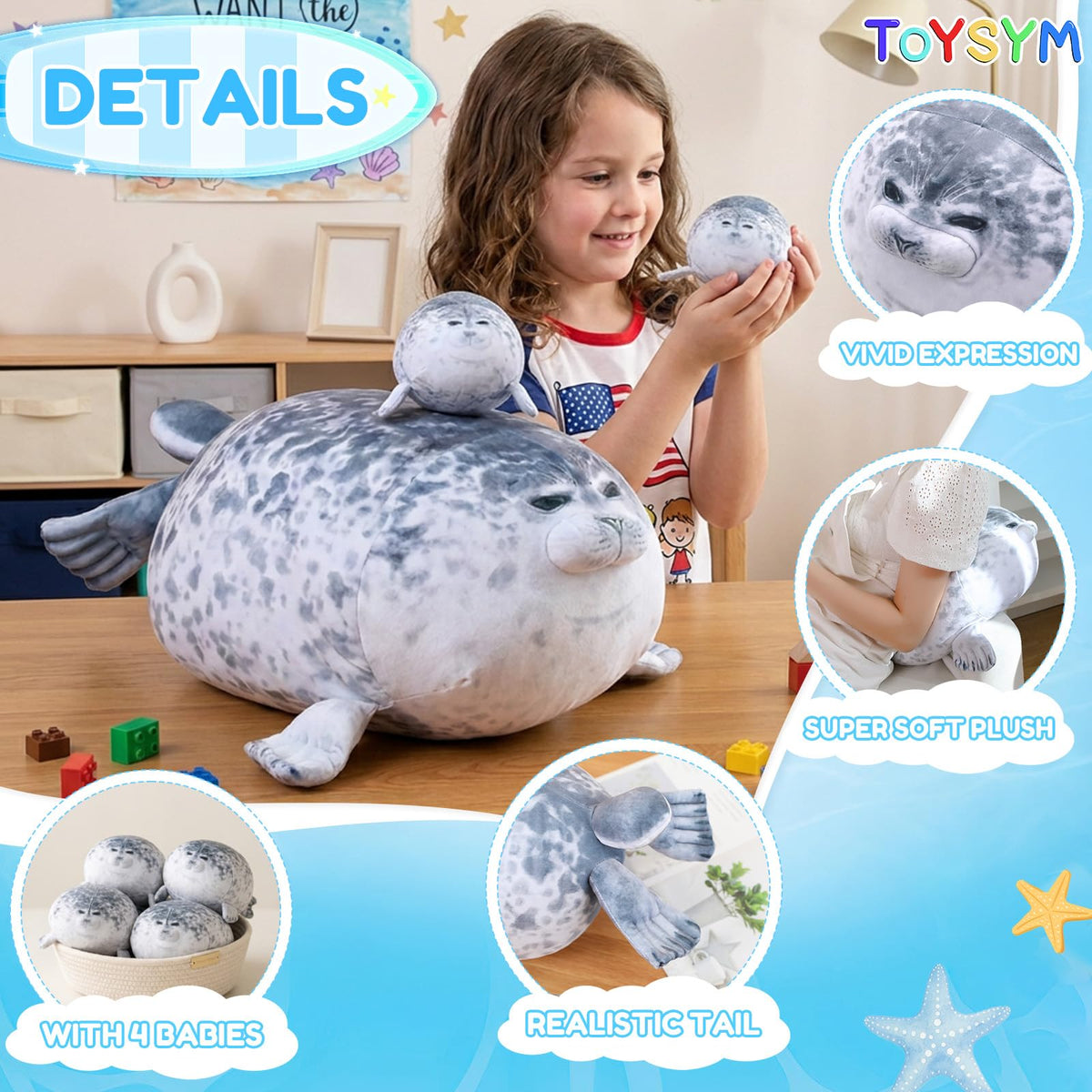 TOYSYM Chubby Seal Pillow four babies inside the tummy