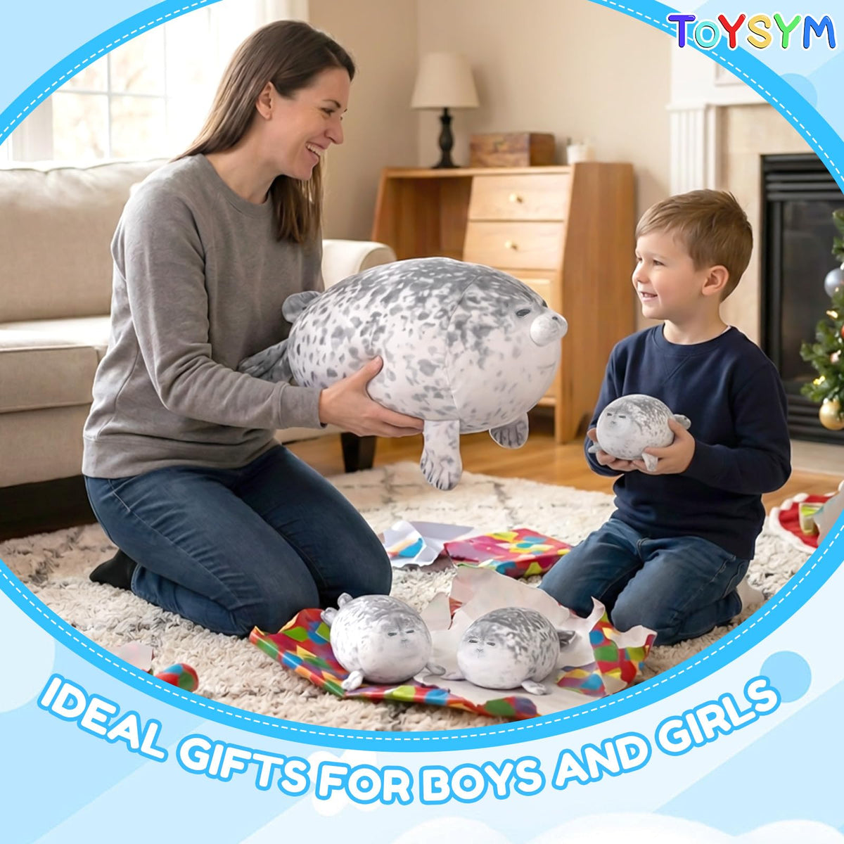 TOYSYM Chubby Seal Pillow used as a cozy nap cushion on a sofa