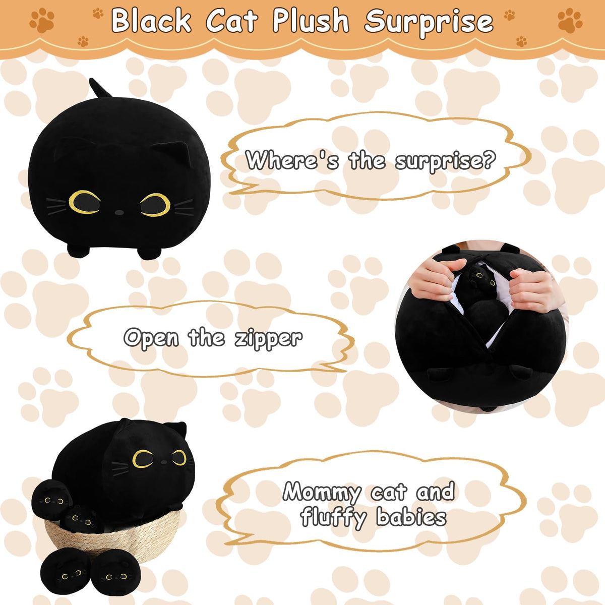 TOYSYM mommy cat with four removable babies and zipper feature for play and storytelling