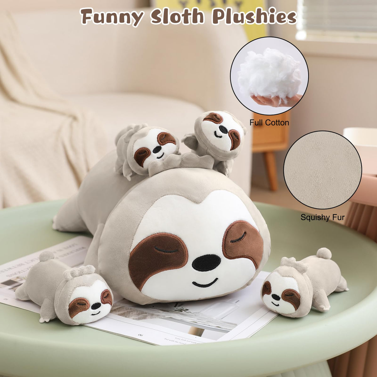 TOYSYM Sloth plush family scene with four removable babies