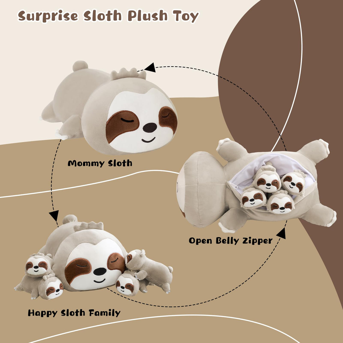 TOYSYM Sloth plush with removable baby sloths for interactive play