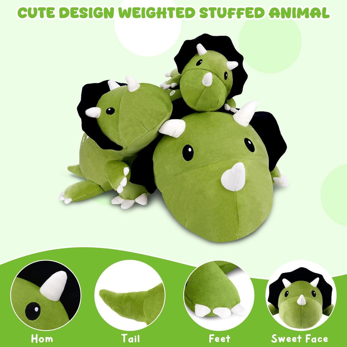 TOYSYM Triceratops weighted plush beads-inside close-up highlights durable internal weight for comforting pressure
