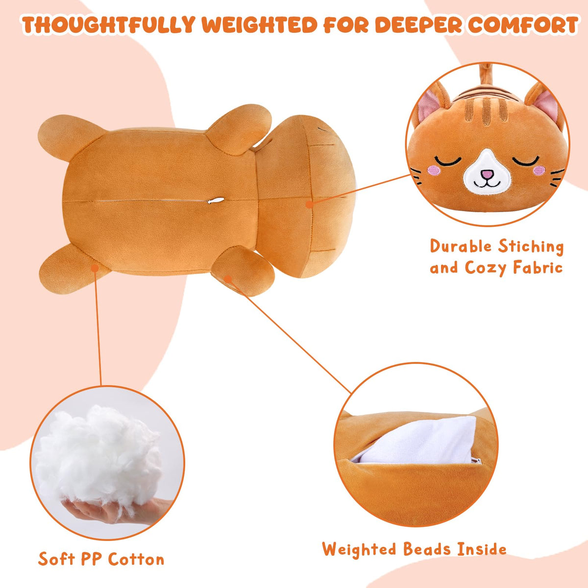 TOYSYM weighted cat plush held by child and adult for snuggling.