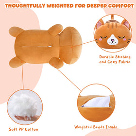 TOYSYM weighted cat plush held by child and adult for snuggling.