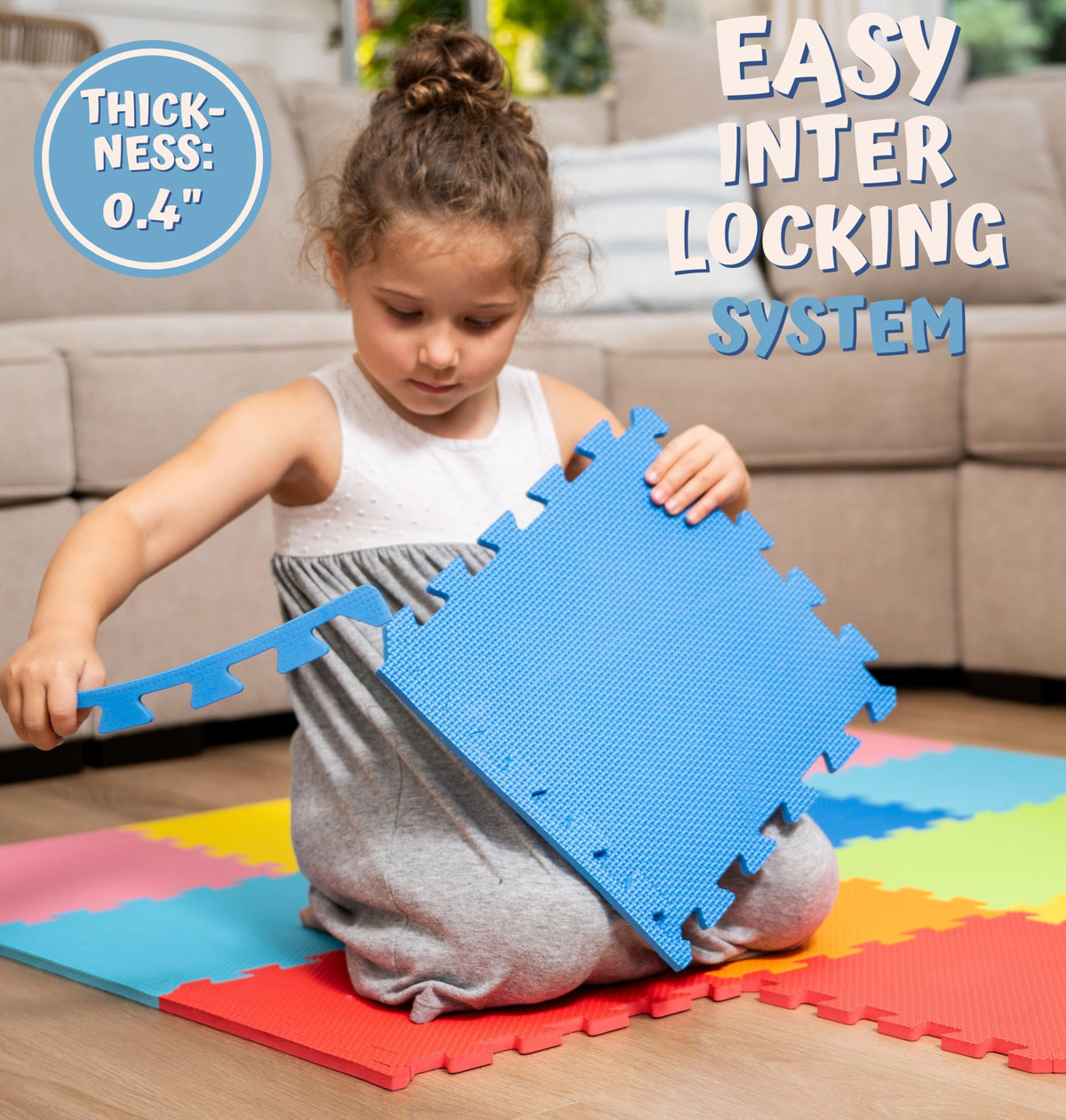 ToyVelt foam puzzle floor mat in bright colors to promote color recognition and engagement.