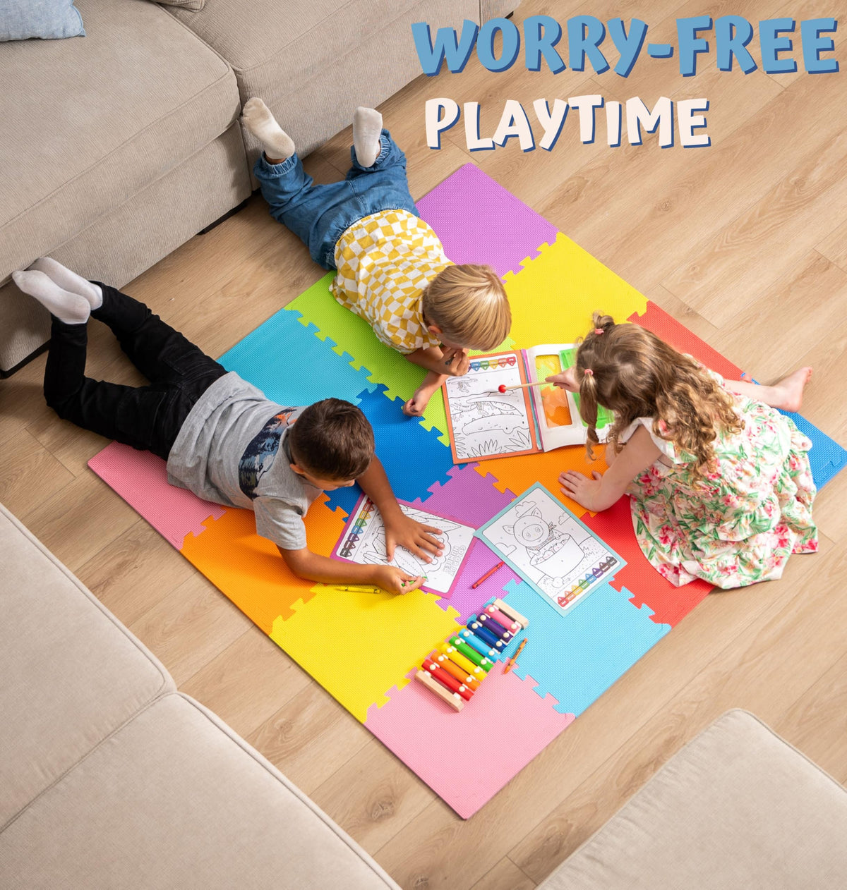 ToyVelt foam puzzle floor mat with a child playing for safe, imaginative exploration.