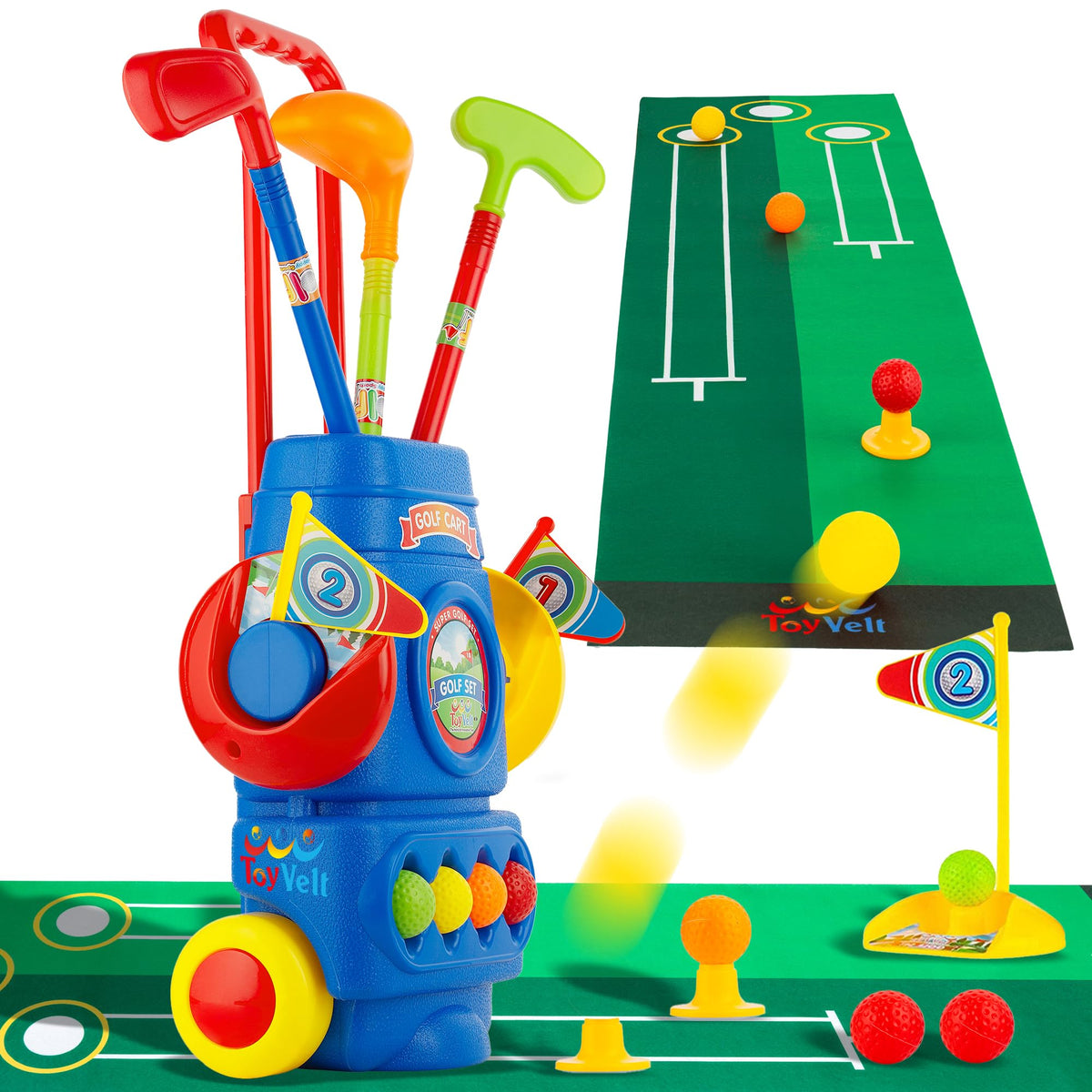 ToyVelt Toddler Golf Set blue golf clubs improve hand-eye coordination during play