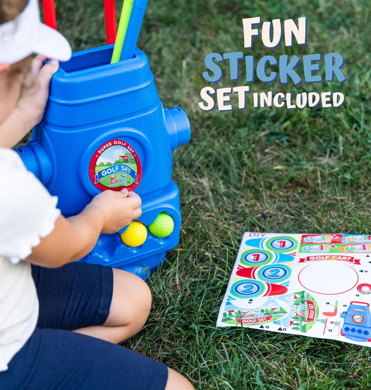 ToyVelt Toddler Golf Set blue rolling cart makes cleanup and storage easy