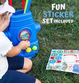 ToyVelt Toddler Golf Set blue rolling cart makes cleanup and storage easy
