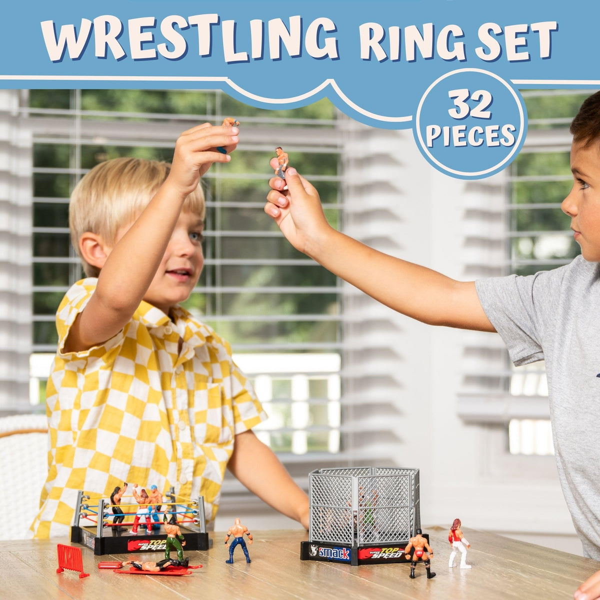 ToyVelt wrestling ring four-sided setup enhances dramatic match play.