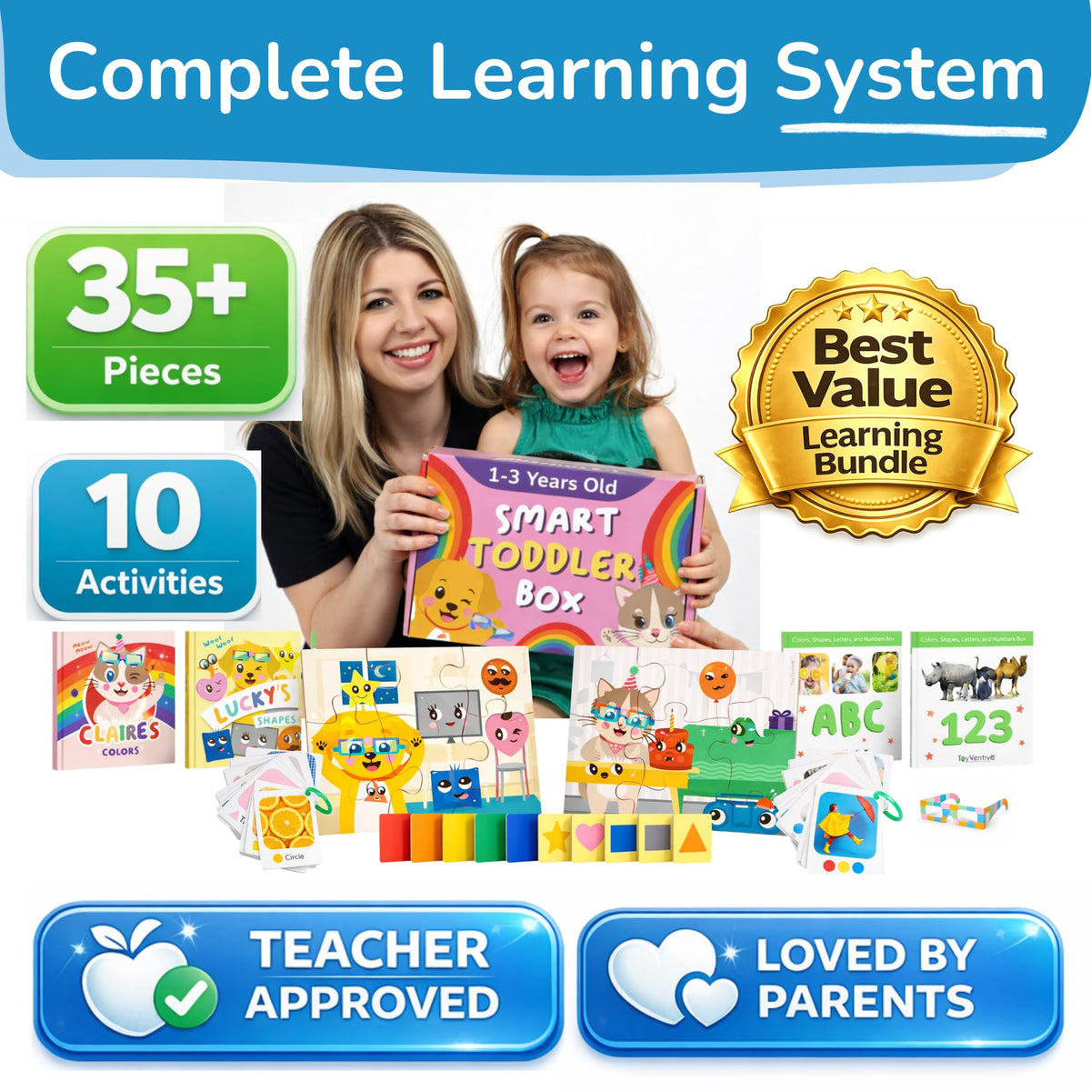 ToyVentive large laminated flashcards display vibrant visuals to aid letter and number recognition.