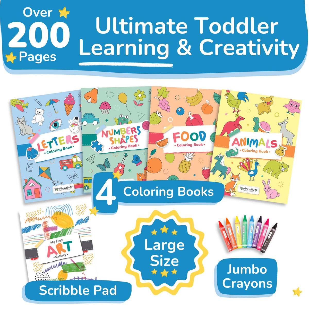 TOYVENTIVE pages spread showing alphabet and animals for early learning.