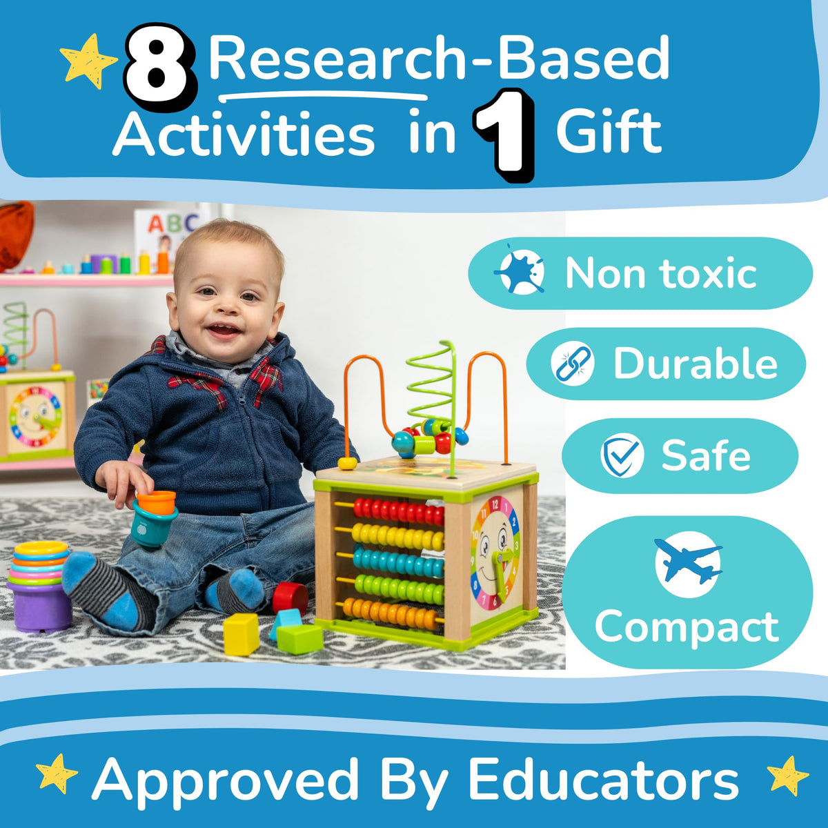 TOYVENTIVE activity cube abacus helps early counting during play.