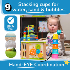 TOYVENTIVE bead cube gears encourage fine motor play and problem solving.